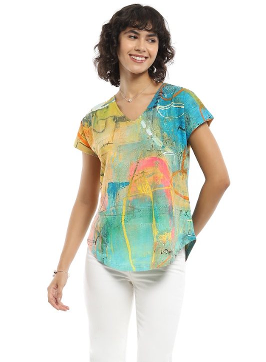 Turquoise Watercolor V-Neck Top