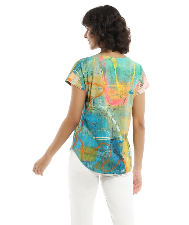 Turq Watercolor V-Neck Top