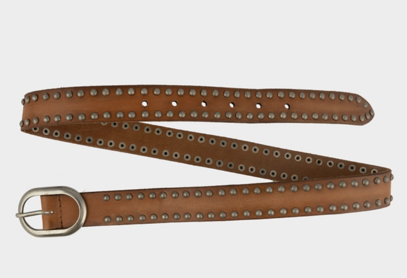 Brown Oval Buckle Leather Studded Belt