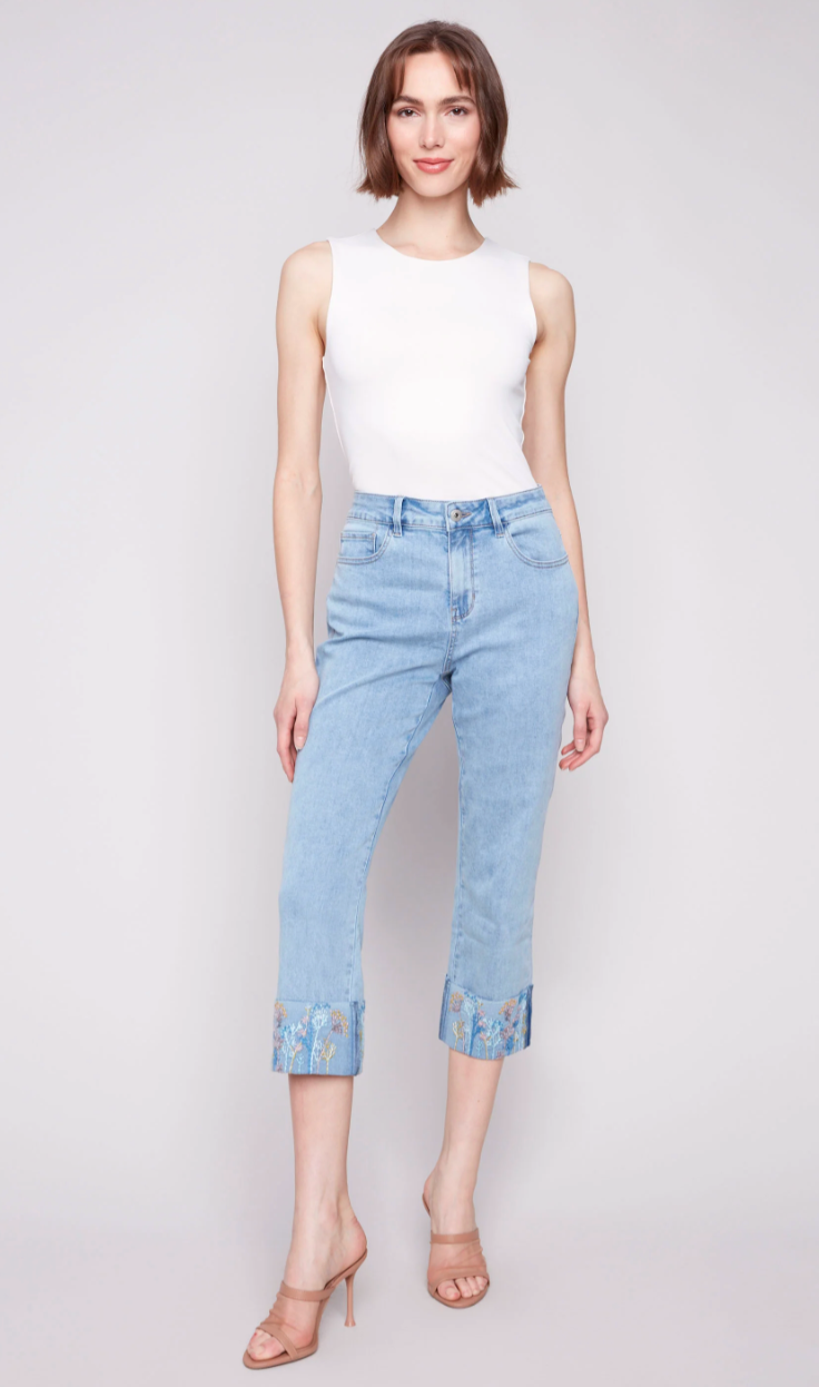 Embroidered Cuff Straight Denim Jean