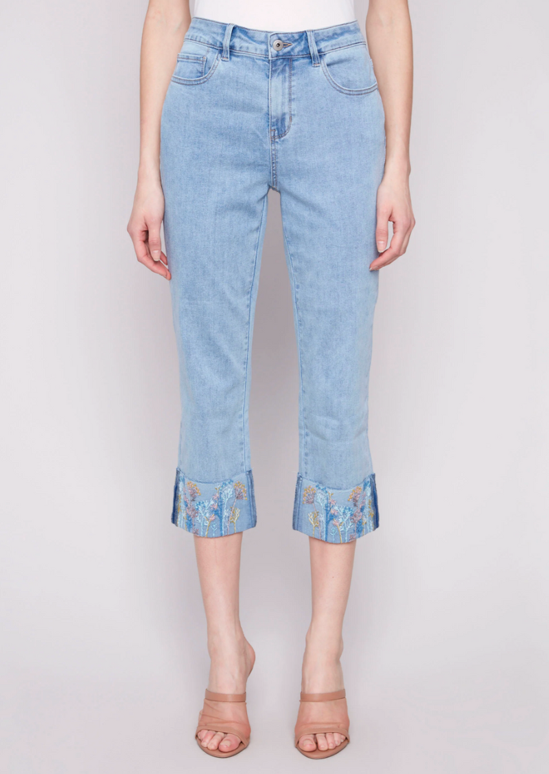 Embroidered Cuff Straight Denim Jean