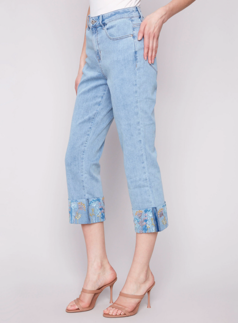 Embroidered Cuff Straight Denim Jean