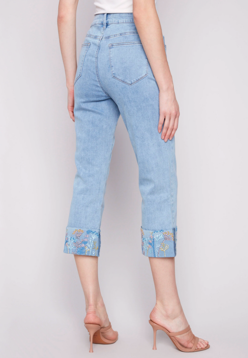 Embroidered Cuff Straight Denim Jean