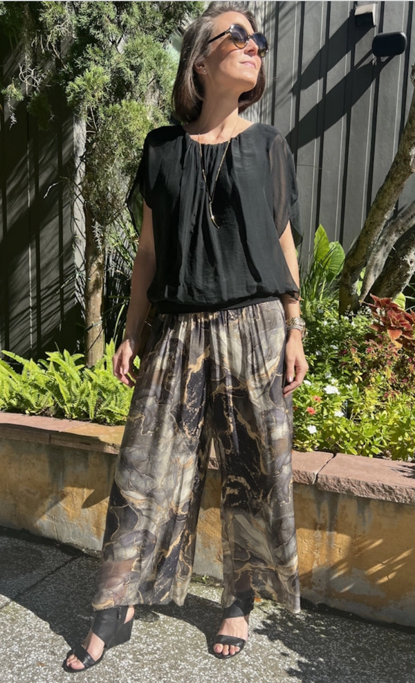 Black Marble Silk Straight Leg Pant