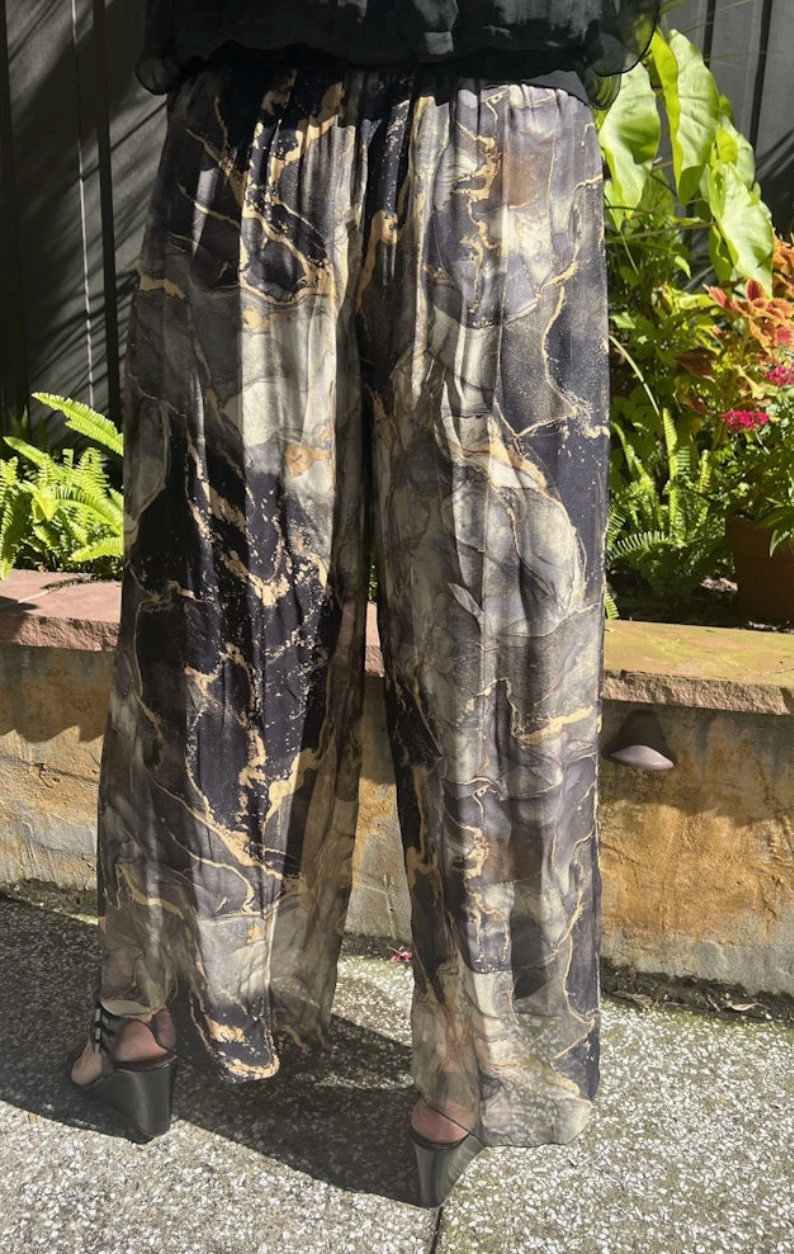 Black Marble Silk Straight Leg Pant