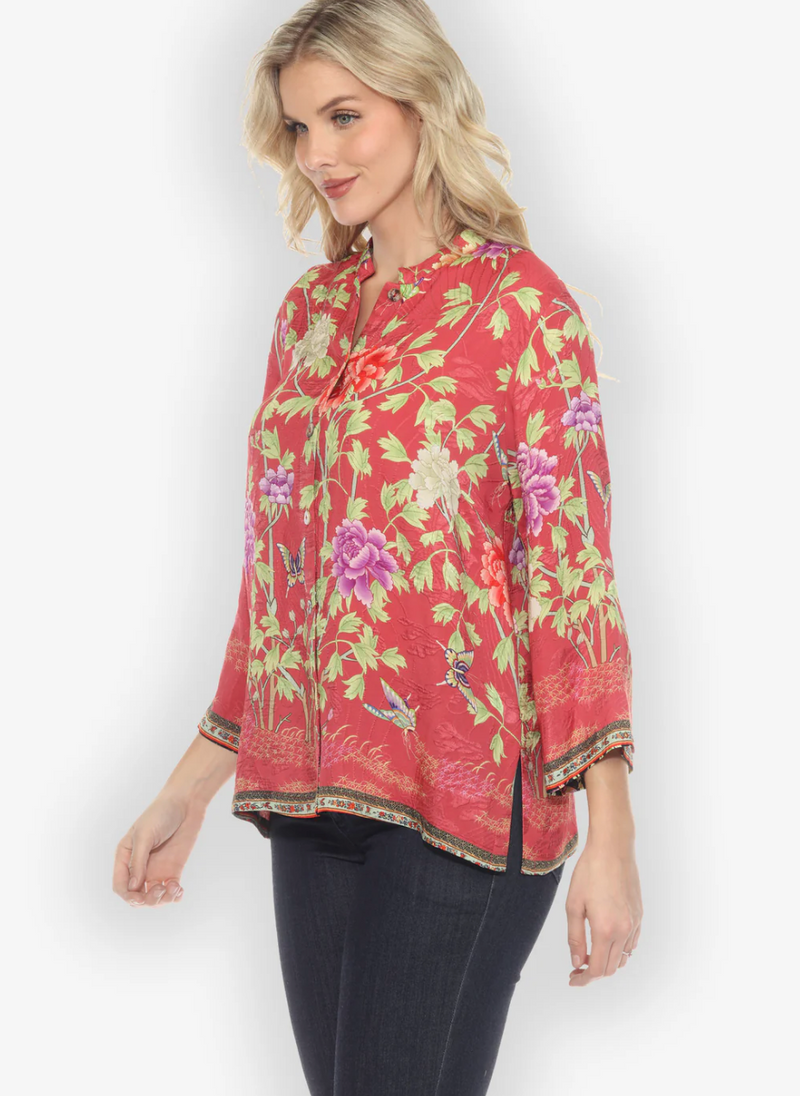 Border Floral Butterflies Silk Blouse