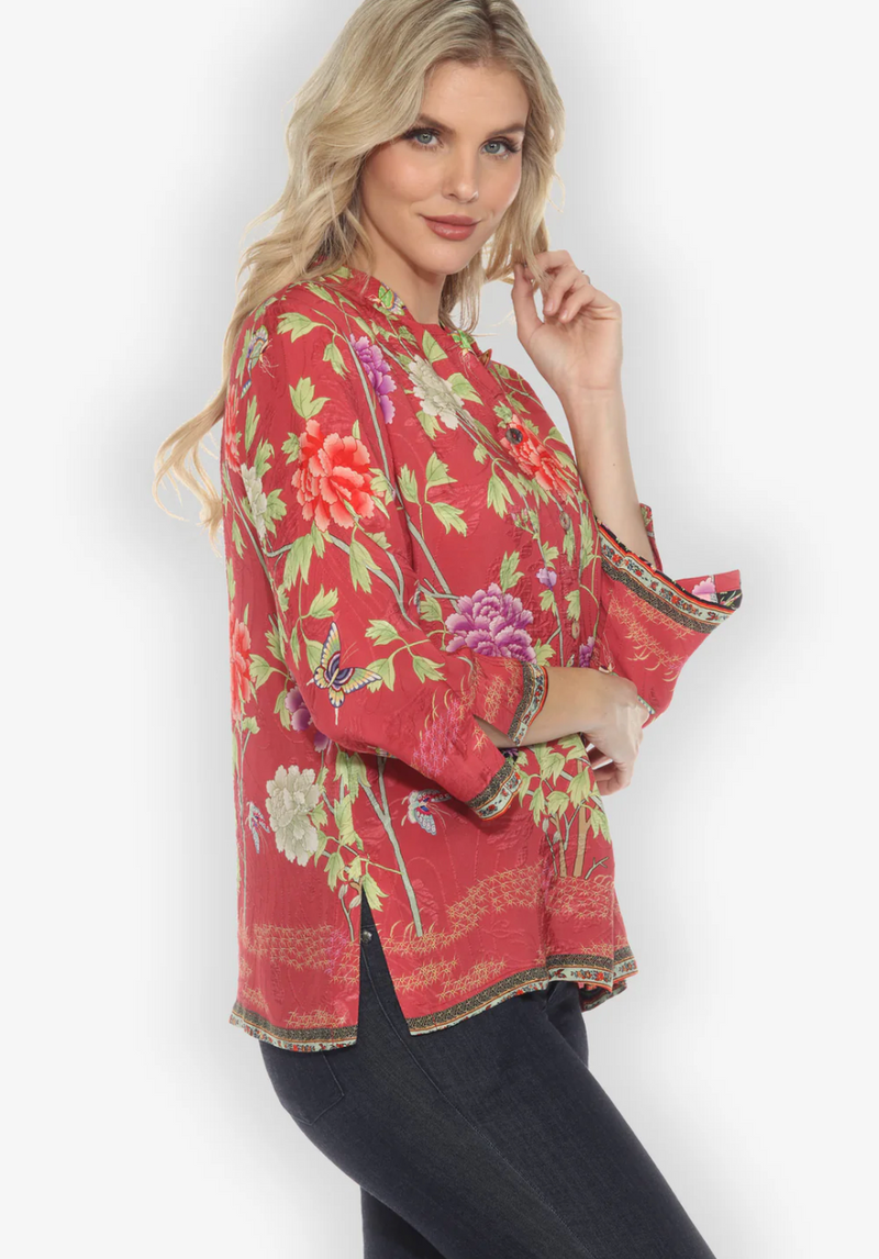 Border Floral Butterflies Silk Blouse
