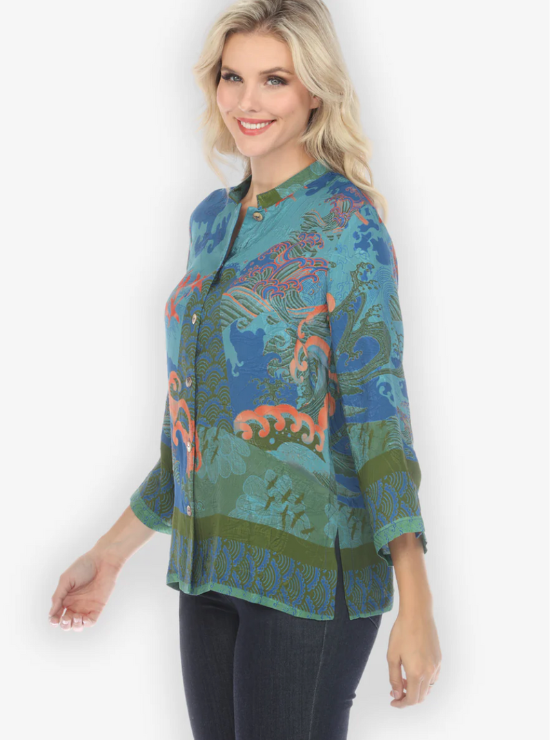 Waves & Cranes Blue Silk Blouse