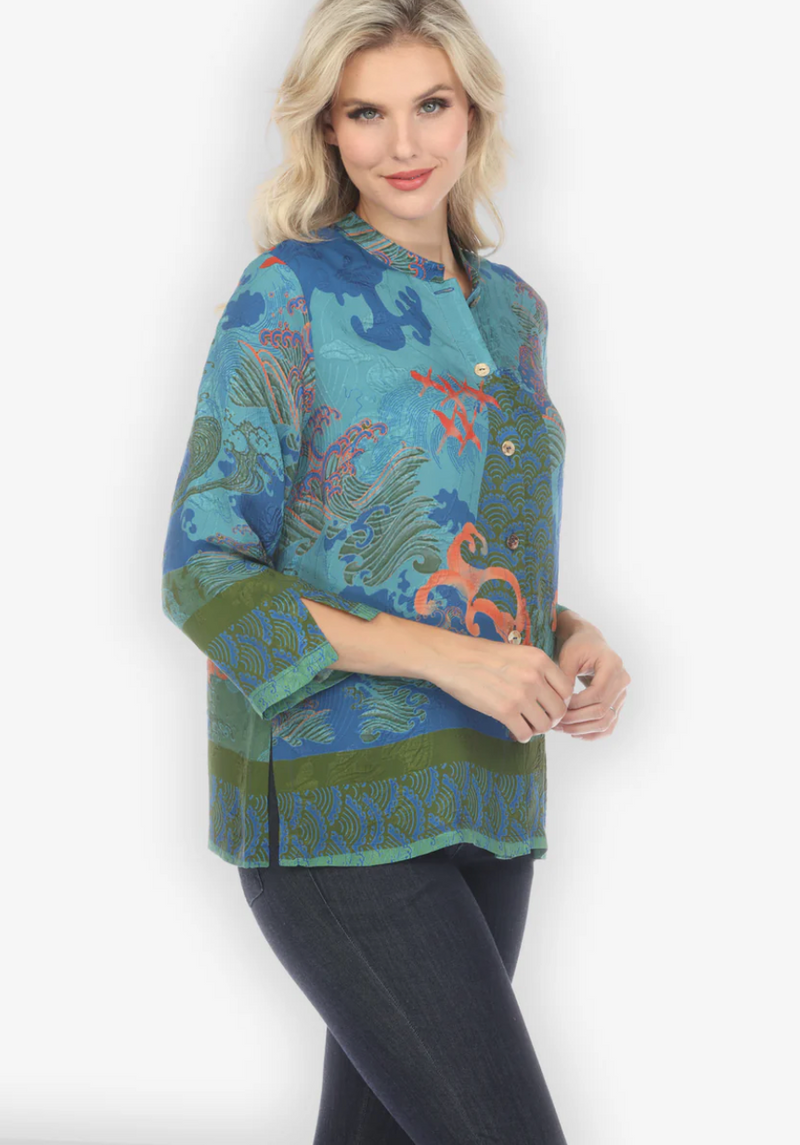 Waves & Cranes Blue Silk Blouse