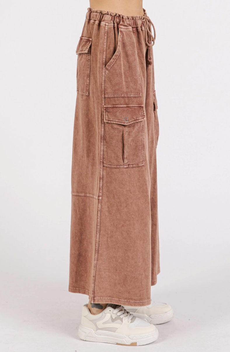 Brown Terry Cargo Wide Leg Pant