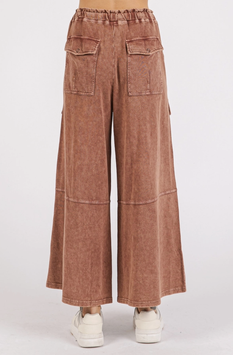 Brown Terry Cargo Wide Leg Pant