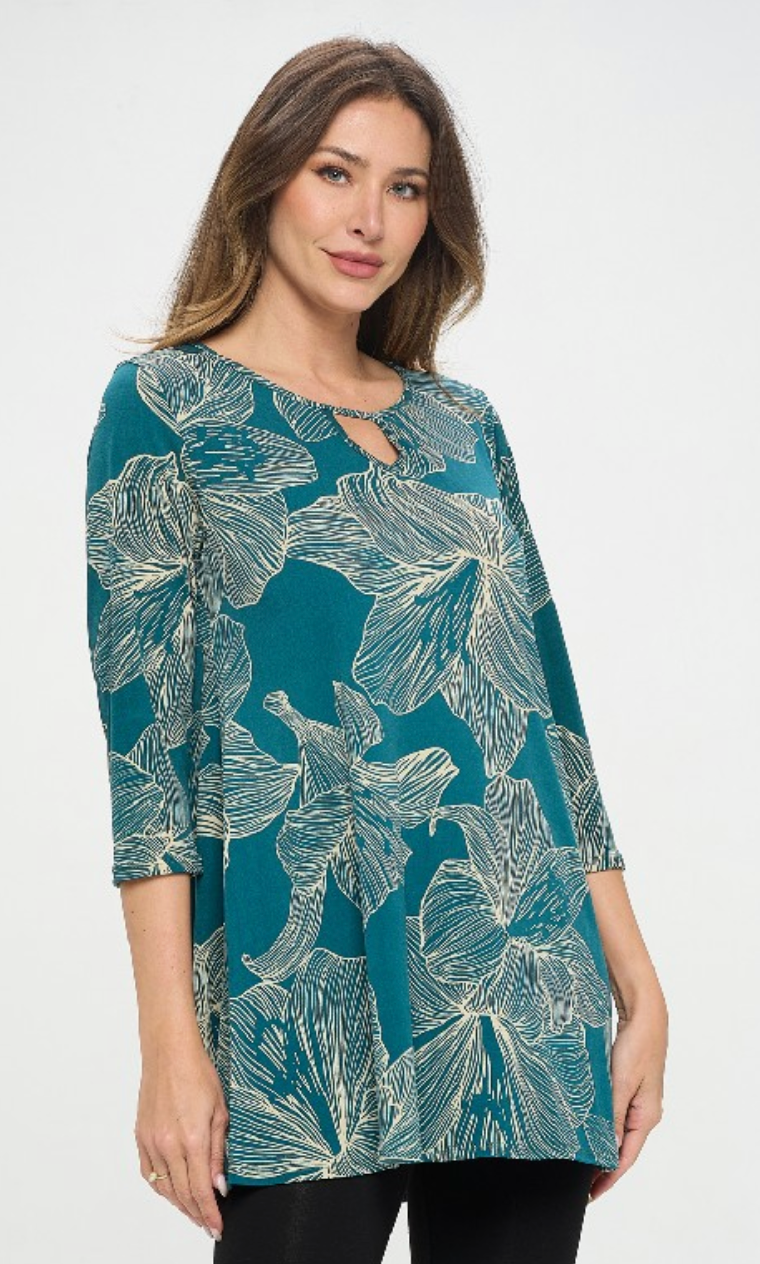 Teal Floral Key Hole Top