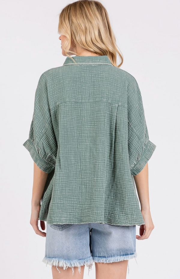 Sage Gauze Dolman Sleeve Button Top