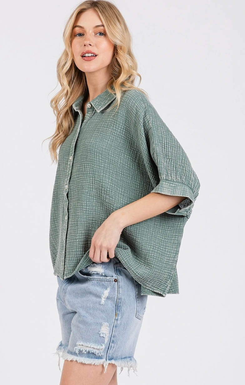 Sage Gauze Dolman Sleeve Button Top