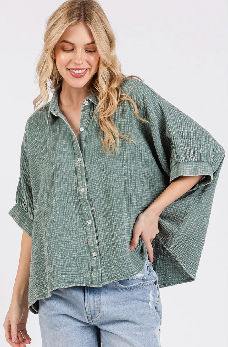 Sage Gauze Dolman Sleeve Button Top