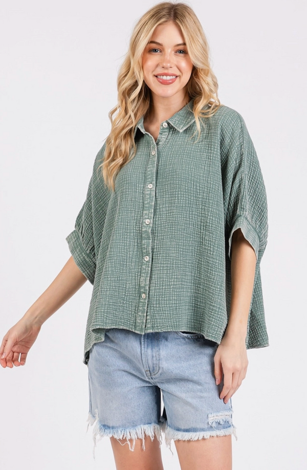 Sage Gauze Dolman Sleeve Button Top