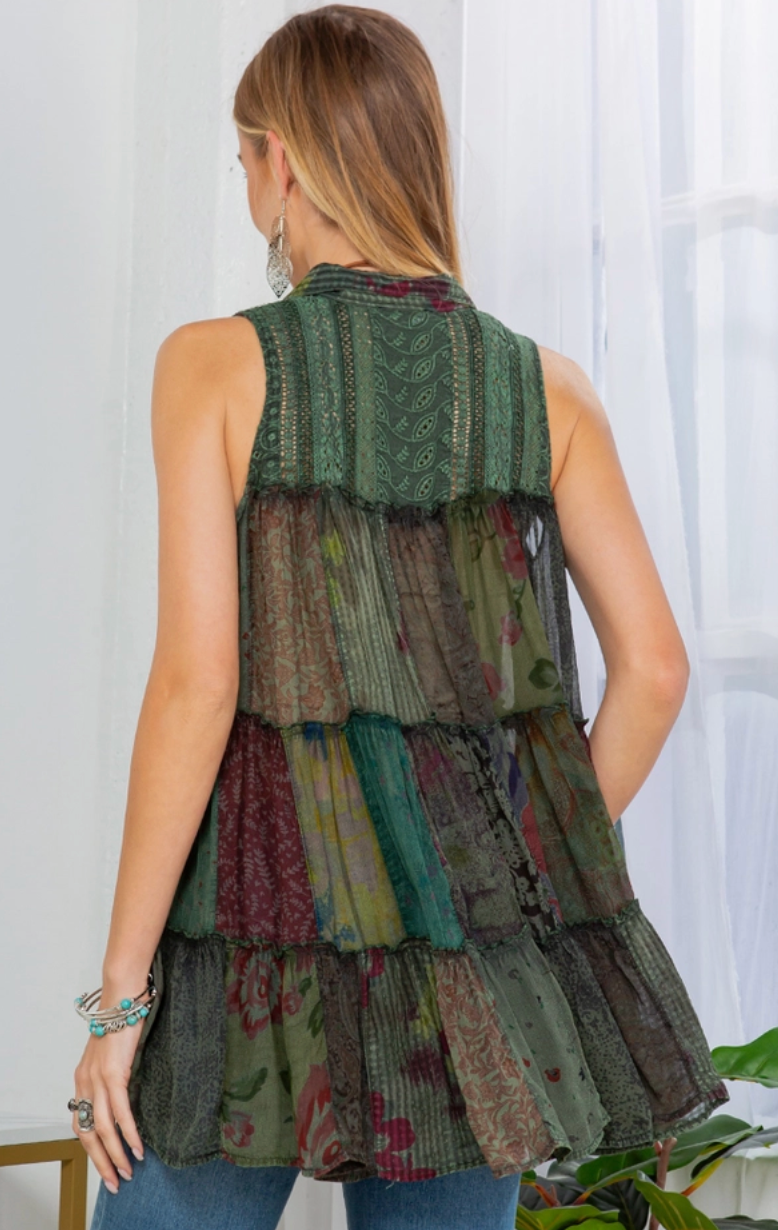 Green Patchwork Buttondown Top