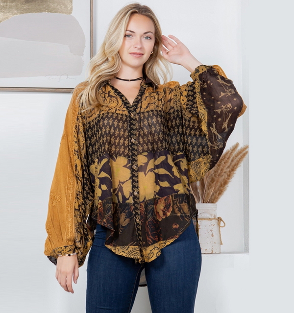 Rustic Patchwork Balloon Sleeved Shirt