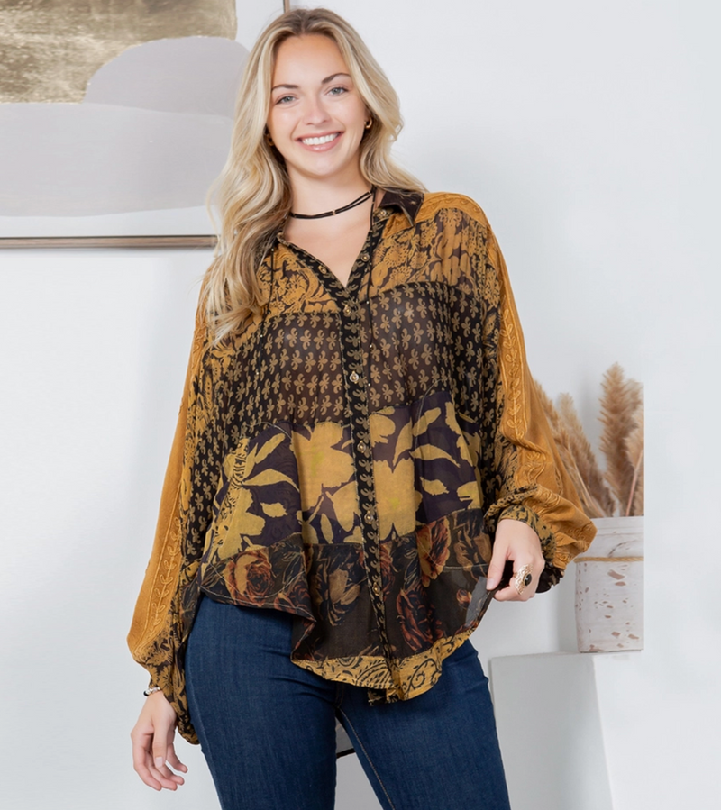 Rustic Patchwork Balloon Sleeved Shirt