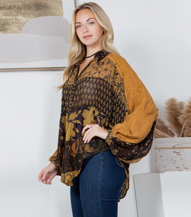 Rustic Patchwork Balloon Sleeved Shirt
