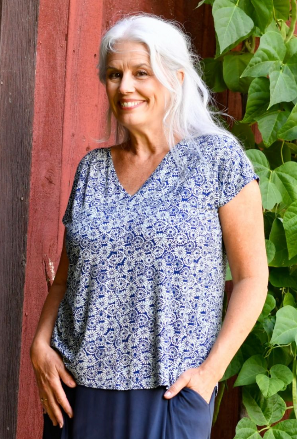 Blue & White Floral V-Neck Top