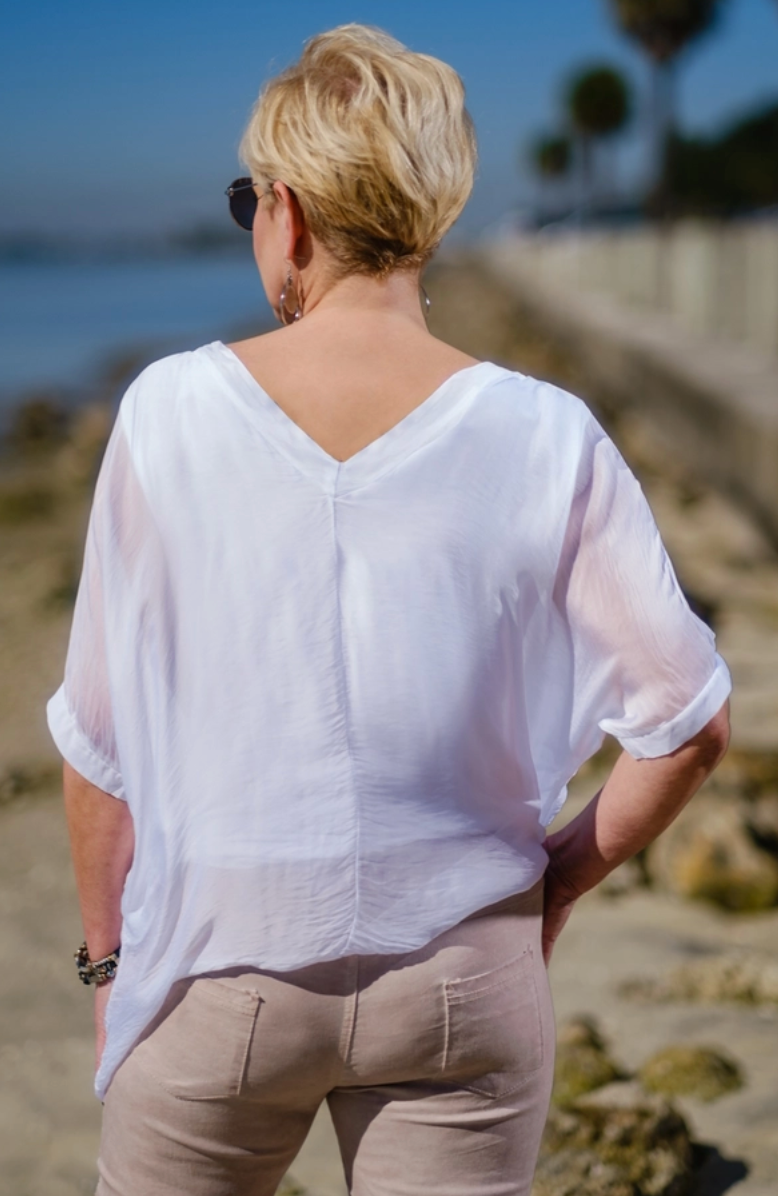 White Silk Double V-Neck Top