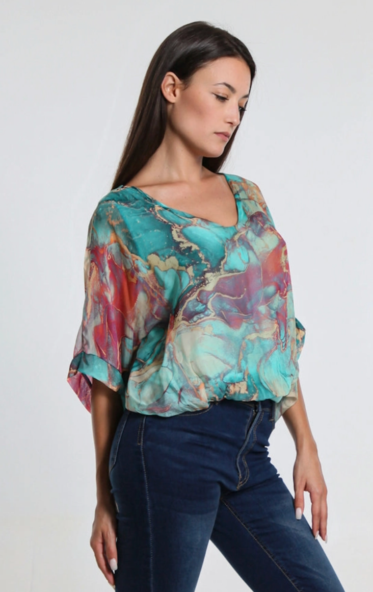 Tiffany Blue Marble Band Waist Top