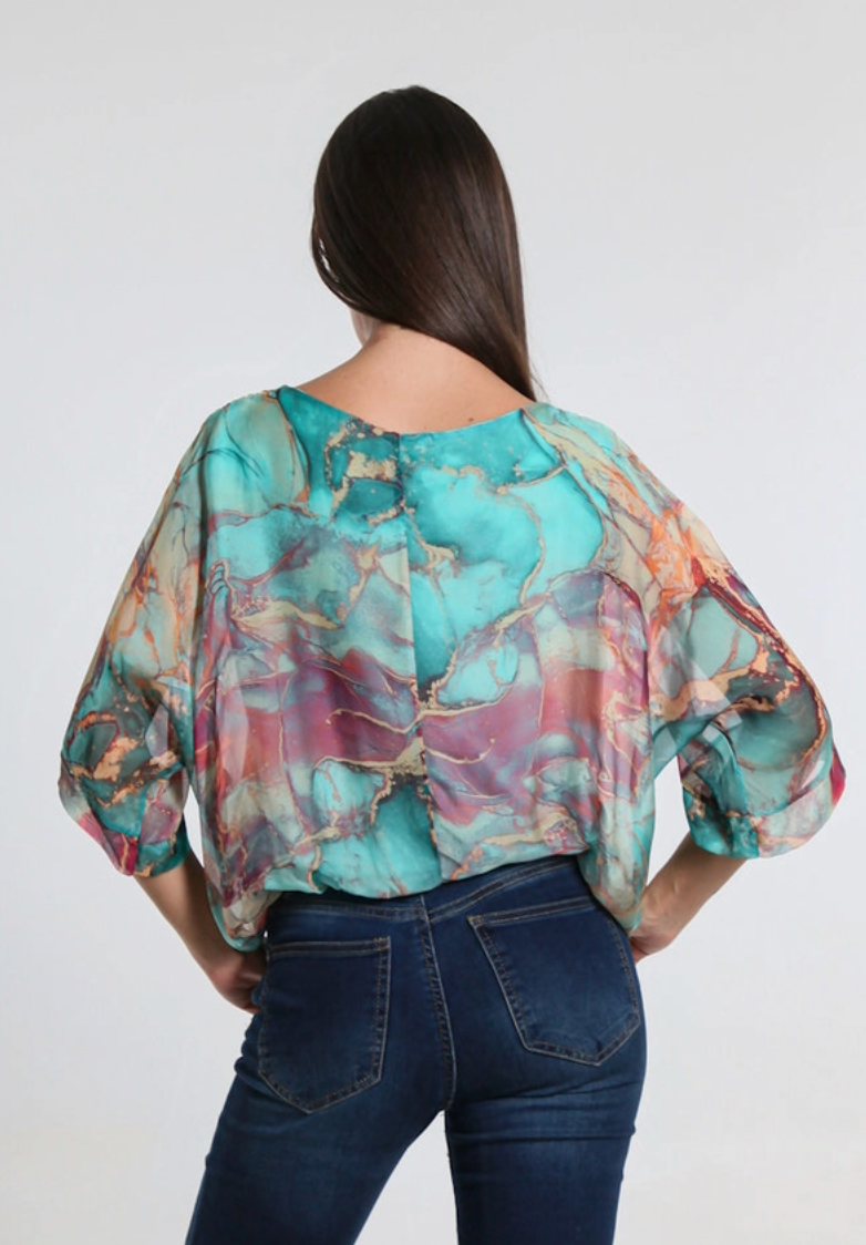 Tiffany Blue Marble Band Waist Top