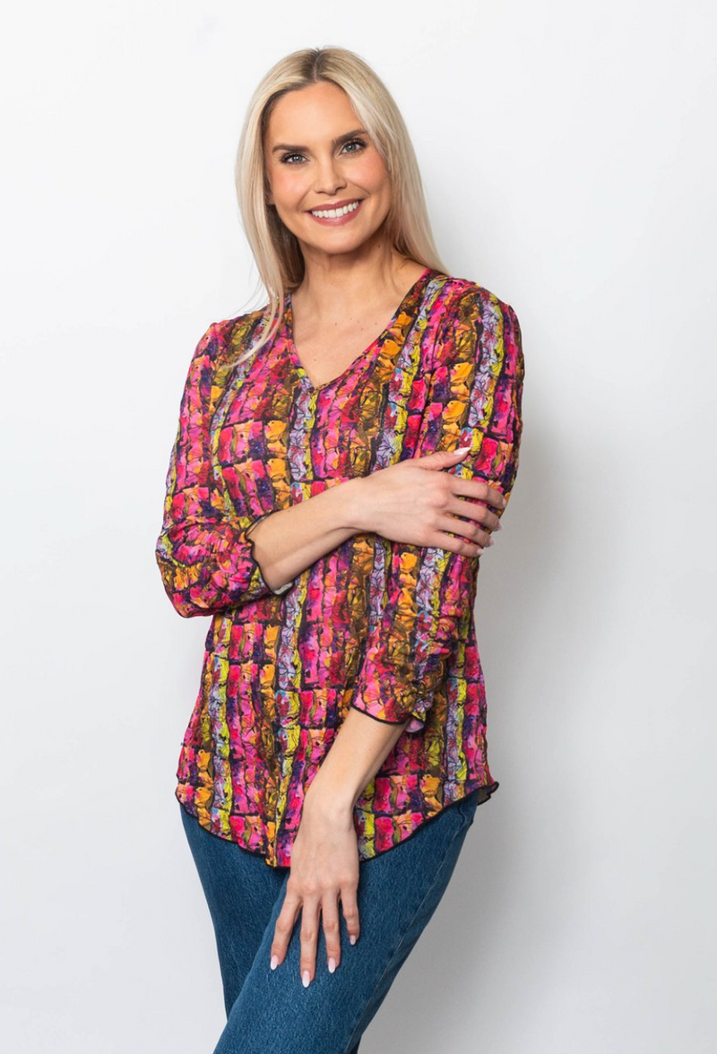 Earth Plaid Crinkle V-Neck Top