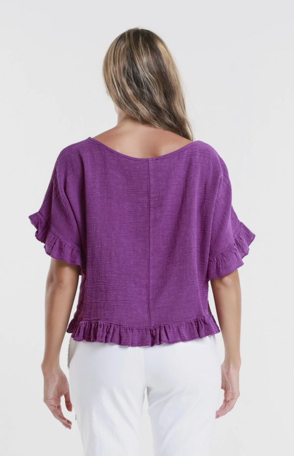 Dark Cherry Linen/Cotton Ruffle Top