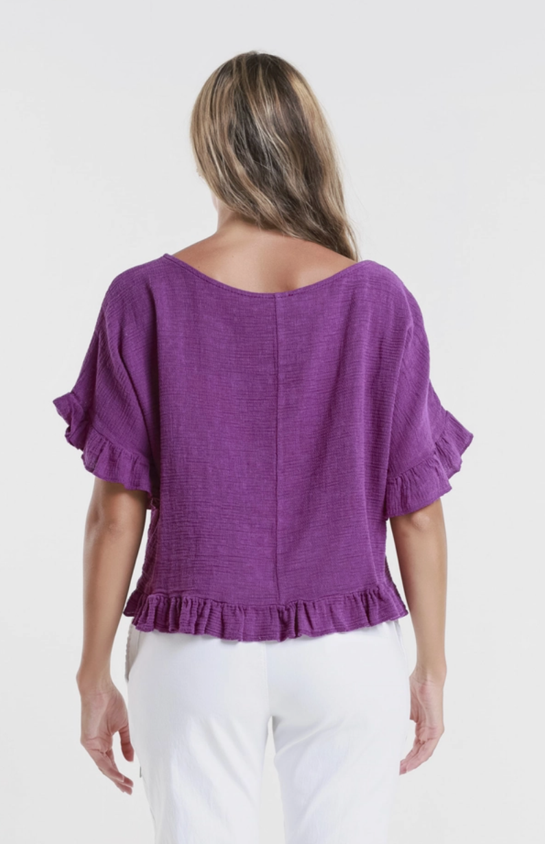 Dark Cherry Linen/Cotton Ruffle Top
