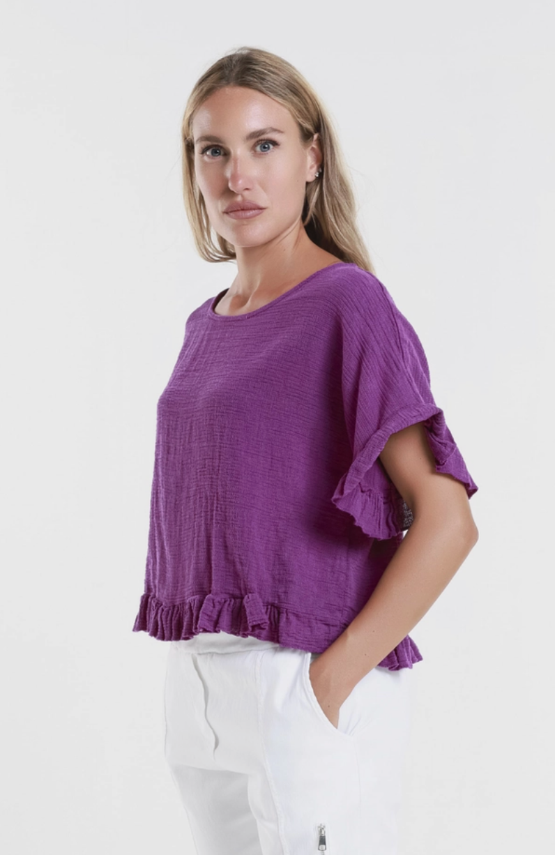 Dark Cherry Linen/Cotton Ruffle Top