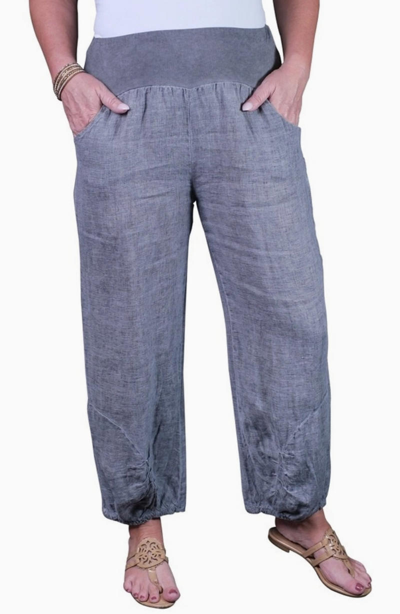 Grey Cinched Linen Pant