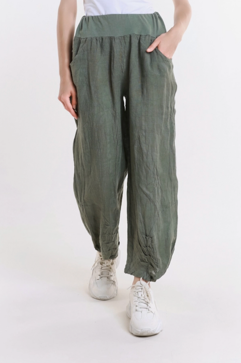 Army Green Cinched Linen Pant