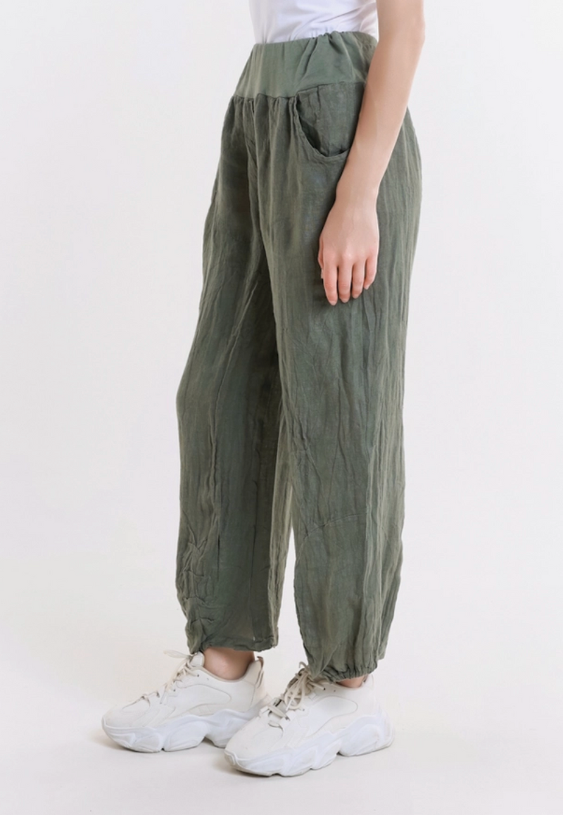 Army Green Cinched Linen Pant