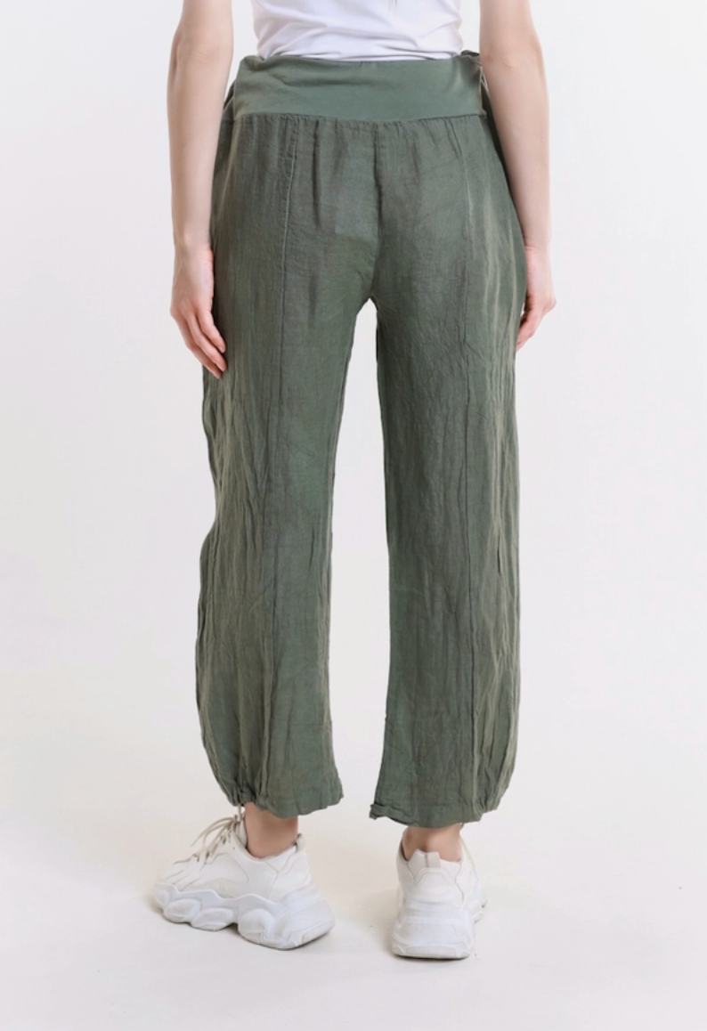 Army Green Cinched Linen Pant