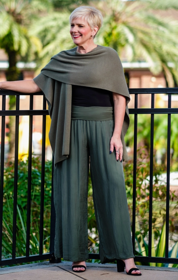 Army Green Foldover Waist Silk Pant