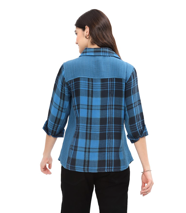 Blue Reversible Plaid Button Top