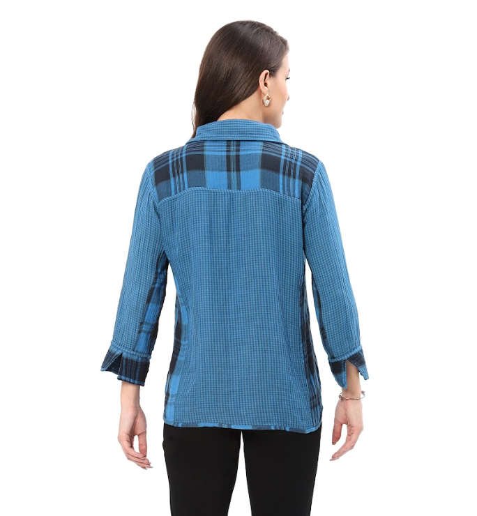 Blue Reversible Plaid Button Top