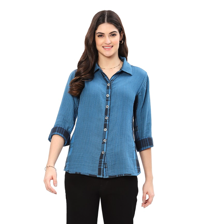 Blue Reversible Plaid Button Top