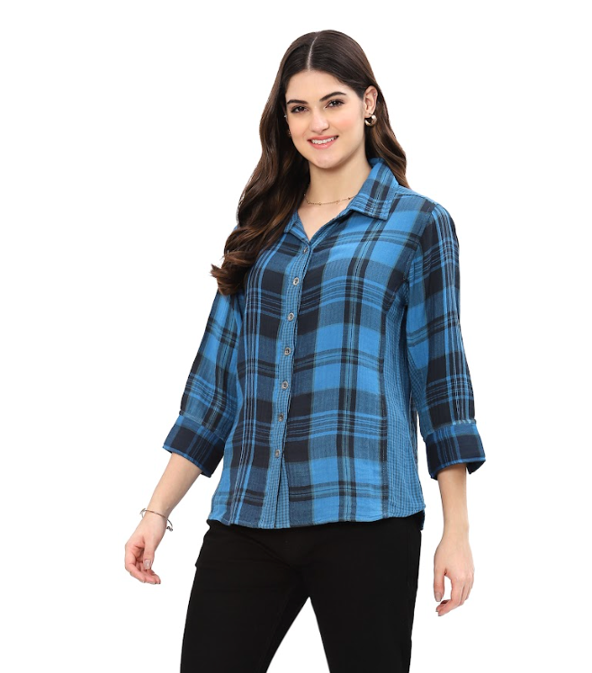 Blue Reversible Plaid Button Top