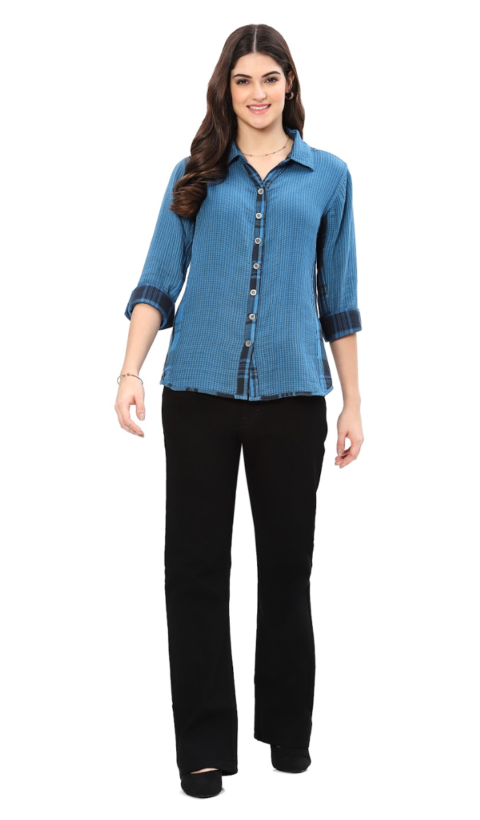 Blue Reversible Plaid Button Top