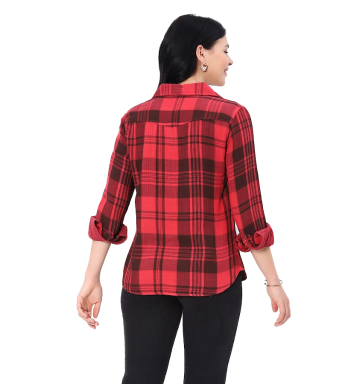 Red Reversible Plaid Button Top