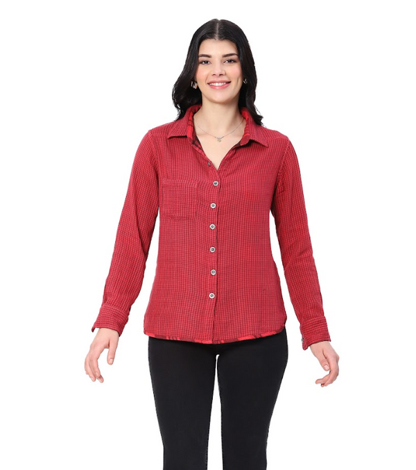 Red Reversible Plaid Button Top