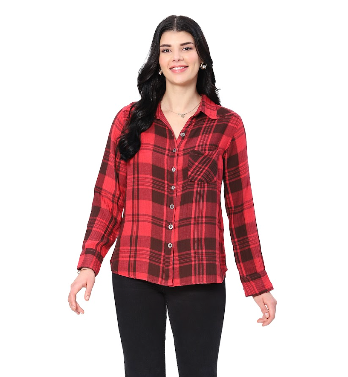 Red Reversible Plaid Button Top