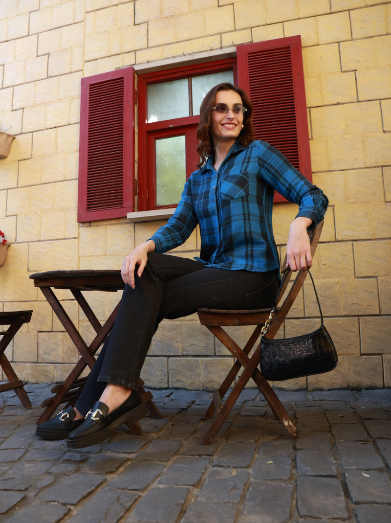 Blue Reversible Plaid Button Top