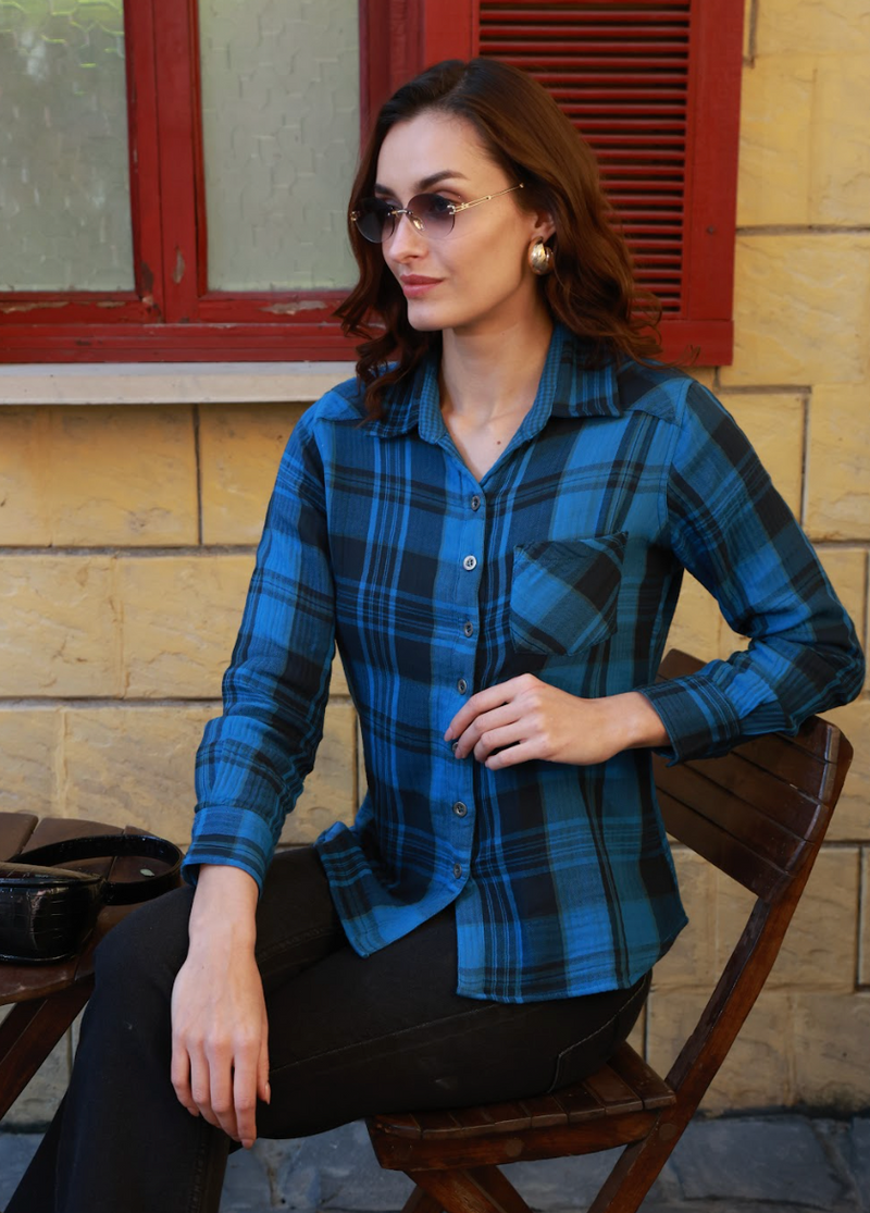 Blue Reversible Plaid Button Top