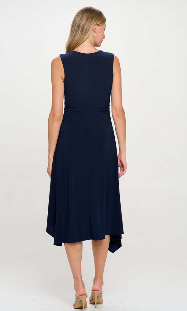 Navy Asymmetrical Ruching V-Neck Dress