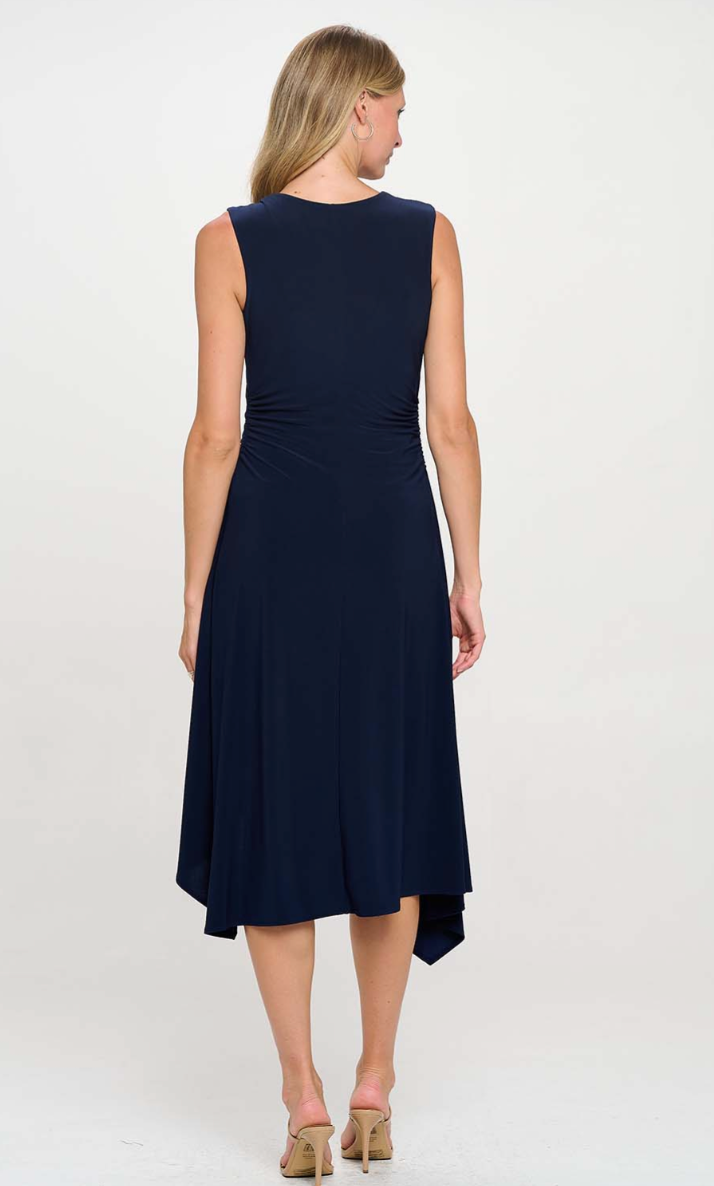 Navy Asymmetrical Ruching V-Neck Dress
