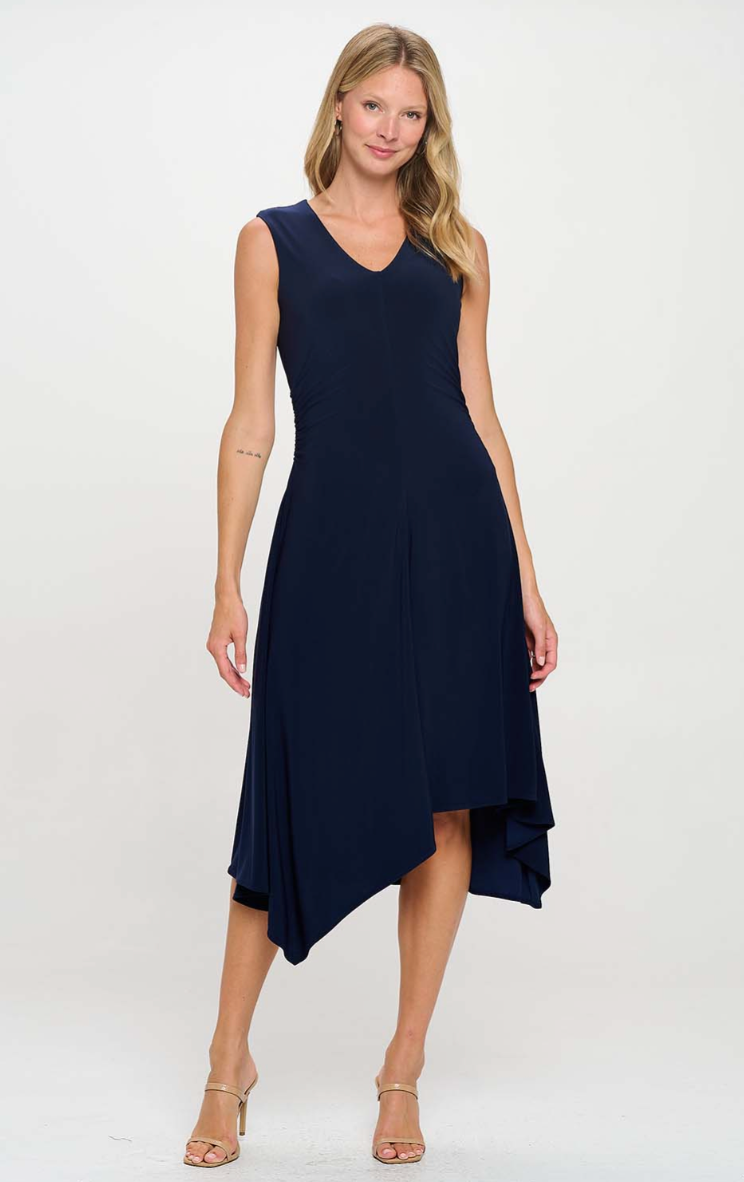 Navy Asymmetrical Ruching V-Neck Dress